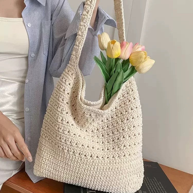 Women's Shoulder Bag Artistic Style Crocheted Daisy Tote Bag Beach Vacation Lightweight Shoulder Bag Leisure Travel Essential Woven Handbag