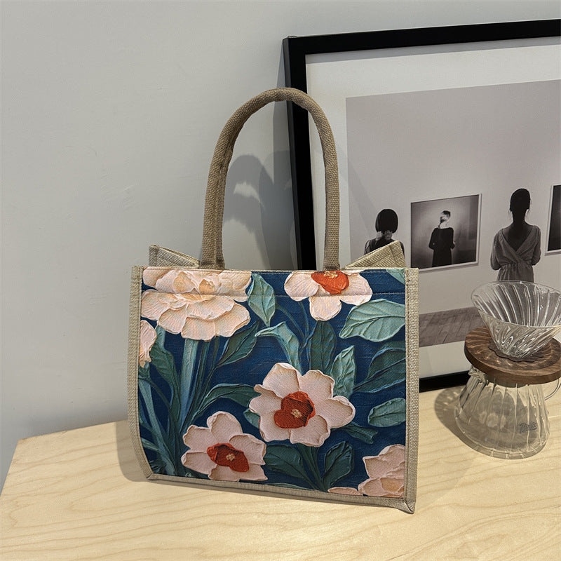 Large Capacity Linen Commuter Bag Women's New Shoulder Ethnic Style Student Handheld Class Portable Tote Bag