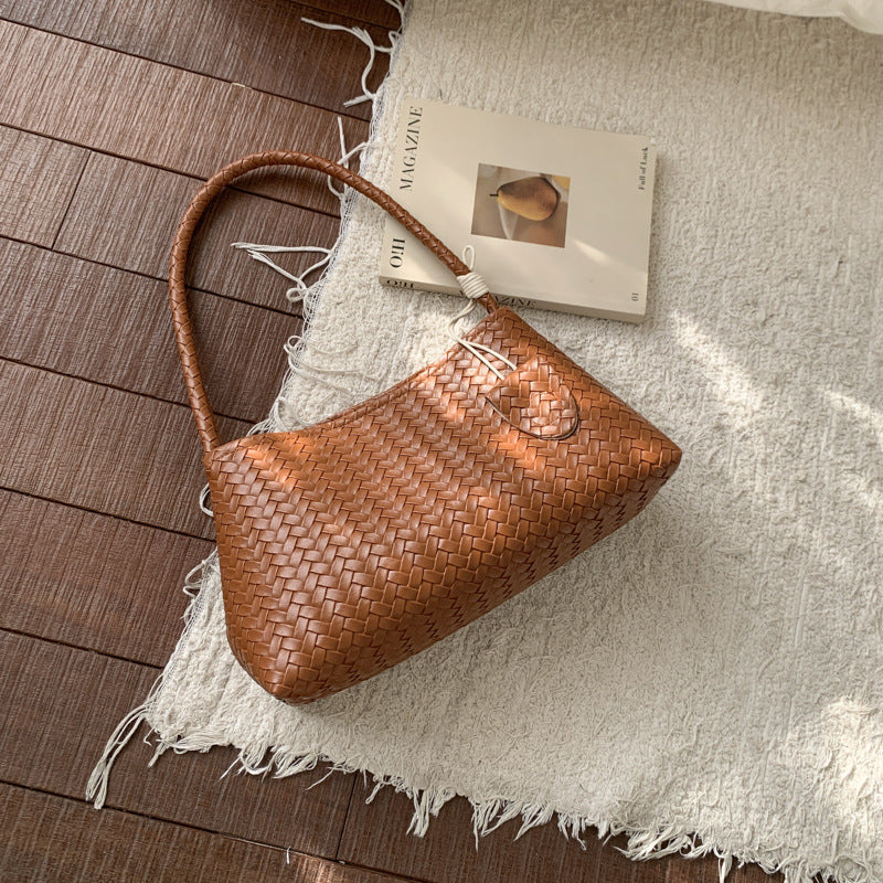 Elegant Woven Texture Handbag for Women, Soft PU Material, Urban Minimalist Style with Zipper Closure