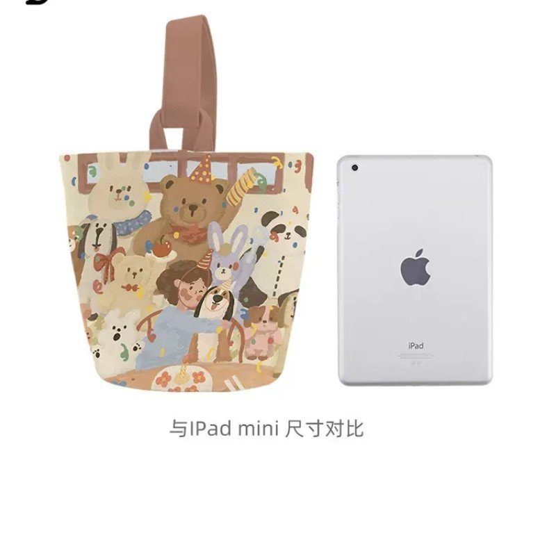 Cute Cartoon Bear Girl Canvas Tote Bag with Vintage Paint Style Print, Magnetic Closure, Perfect for Daily Use and School