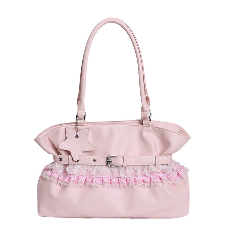 Elegant Ruffle Design Tote Bag with Belt Detail and Star Charm for Daily Use
