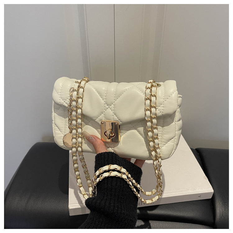 French Oil Wax Leather Women's Spring New Diamond Embroidery Thread Lock Commuter Chain Crossbody Shoulder Small Square Bag