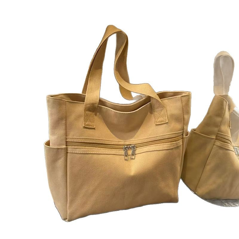 Korean Style Minimalist Canvas Tote Bag with Zipper Closure, Large Capacity Everyday Shoulder Bag for Women