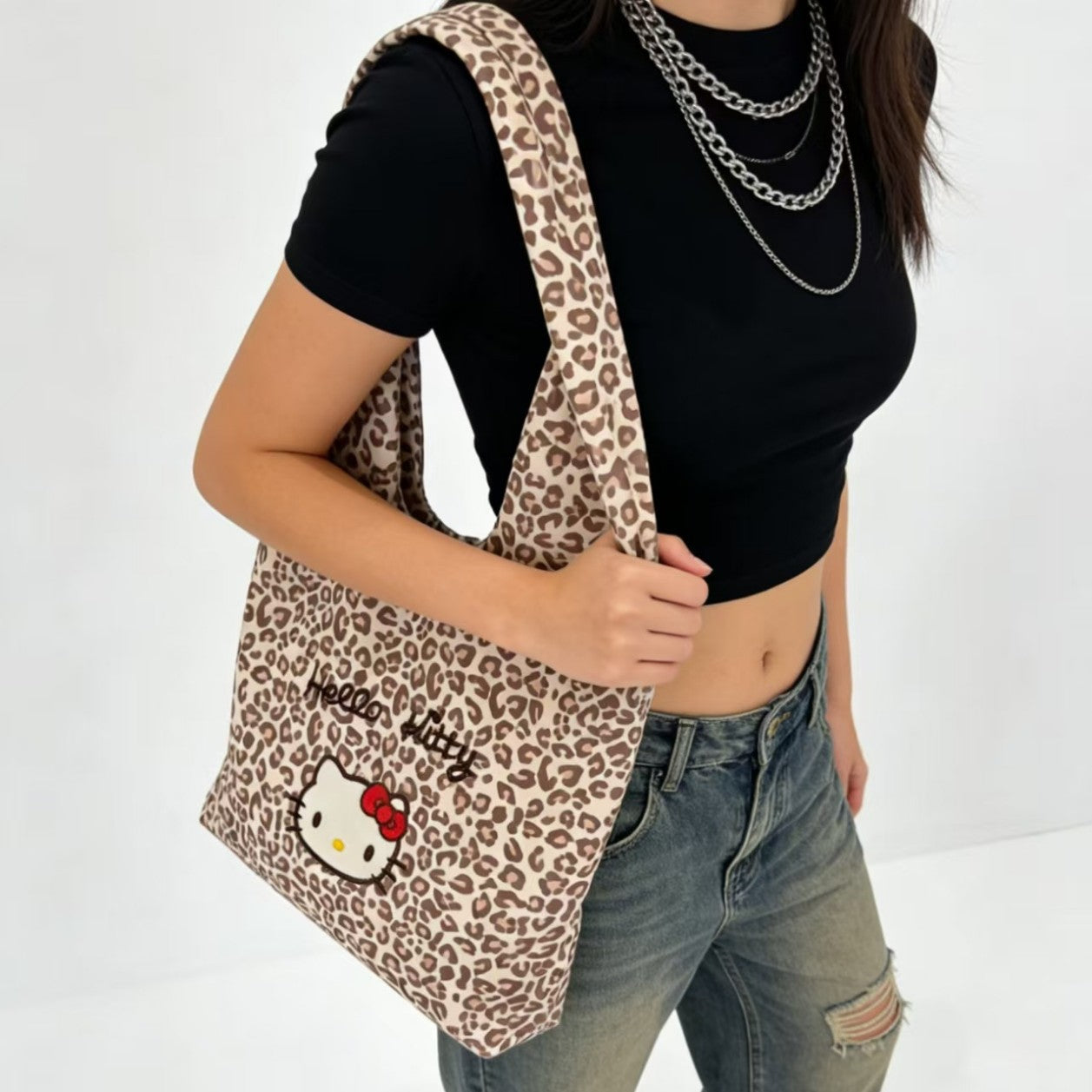 Hello Kitty Leopard Print Embroidered Tote Bag Large Capacity Shoulder Handbag for Daily Fashion