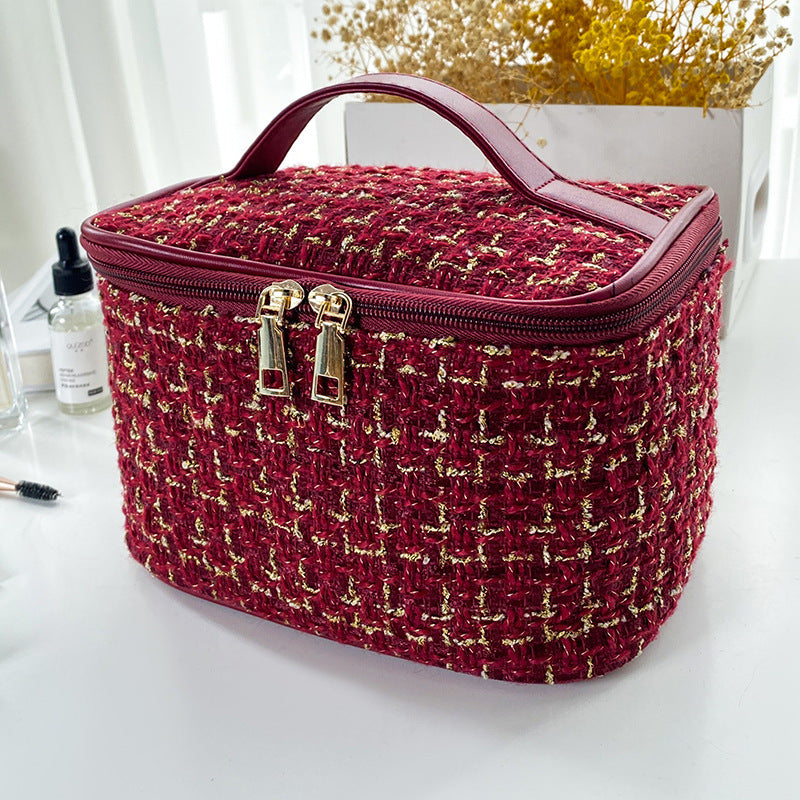 Chic Tweed Cosmetic Bag with Zipper Closure - Large Capacity Portable Makeup Organizer for Travel and Daily Use