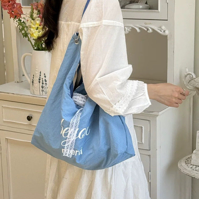 Striped Canvas Tote Bag for Women Summer Casual Large Capacity Shoulder Bag with Lace Detailing
