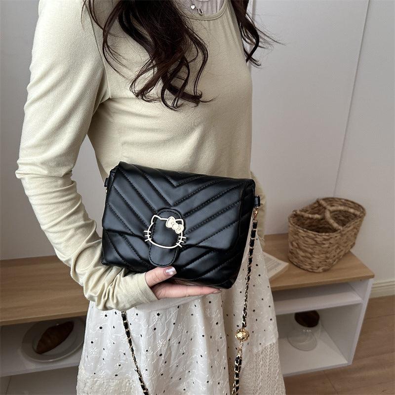 Chic Quilted Crossbody Bag with Hello Kitty Charm, Fashionable Chain Strap for Daily Style