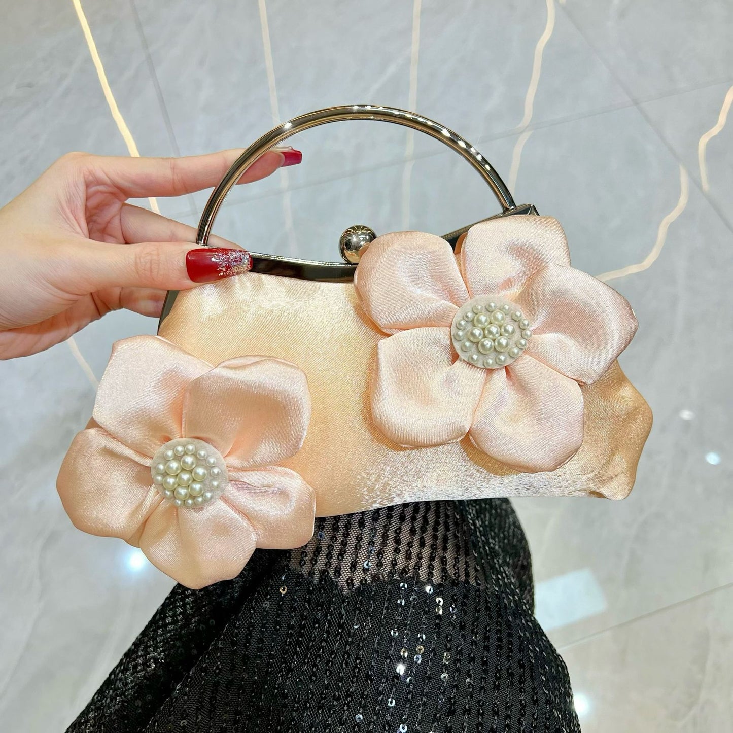 Elegant Floral Satin Clutch Bag with Pearl Center Design for Wedding, Evening Events, and Traditional Outfits