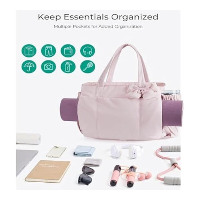 Large Capacity Tote Bag with Bow Detail, Nylon Casual Travel Shoulder Bag for Women, Multiple Pockets and Adjustable Strap
