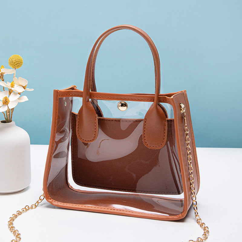 Women's Cross-Body Bag Handbag Transparent PVC Tote Bag with Leather Edge Chain Crossbody Handbag