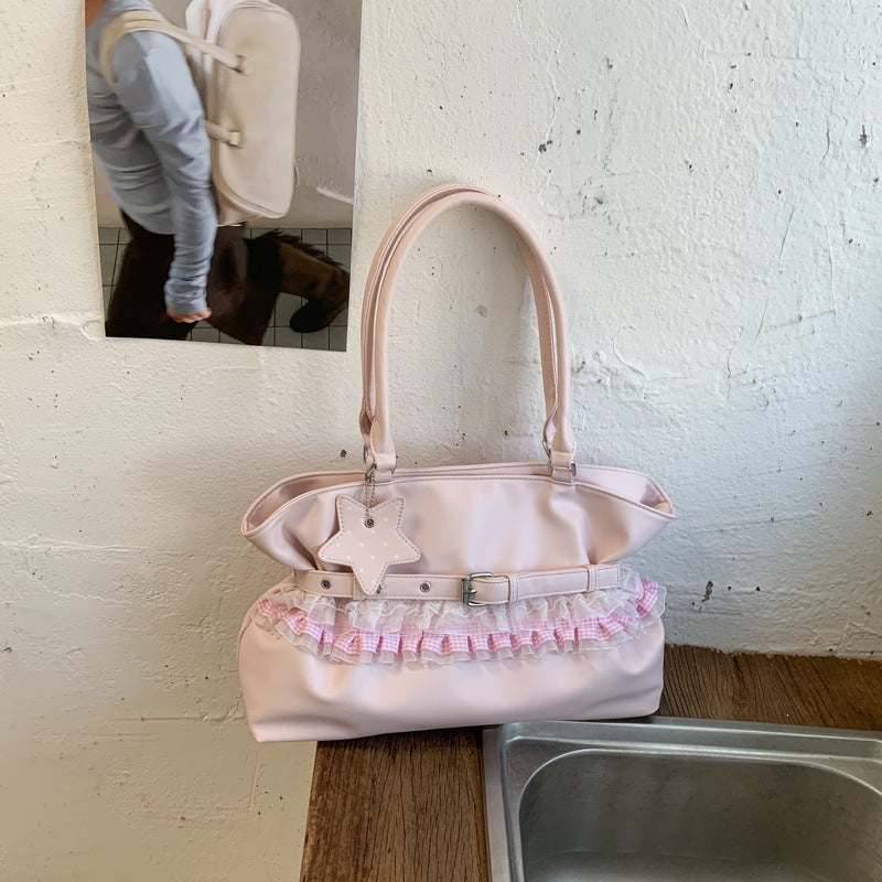Elegant Ruffle Design Tote Bag with Belt Detail and Star Charm for Daily Use