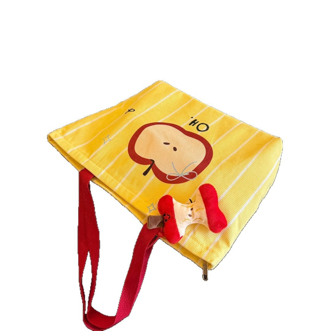 Cute Apple Print Canvas Tote Bag with Dual Straps and Zipper Closure for Daily Use