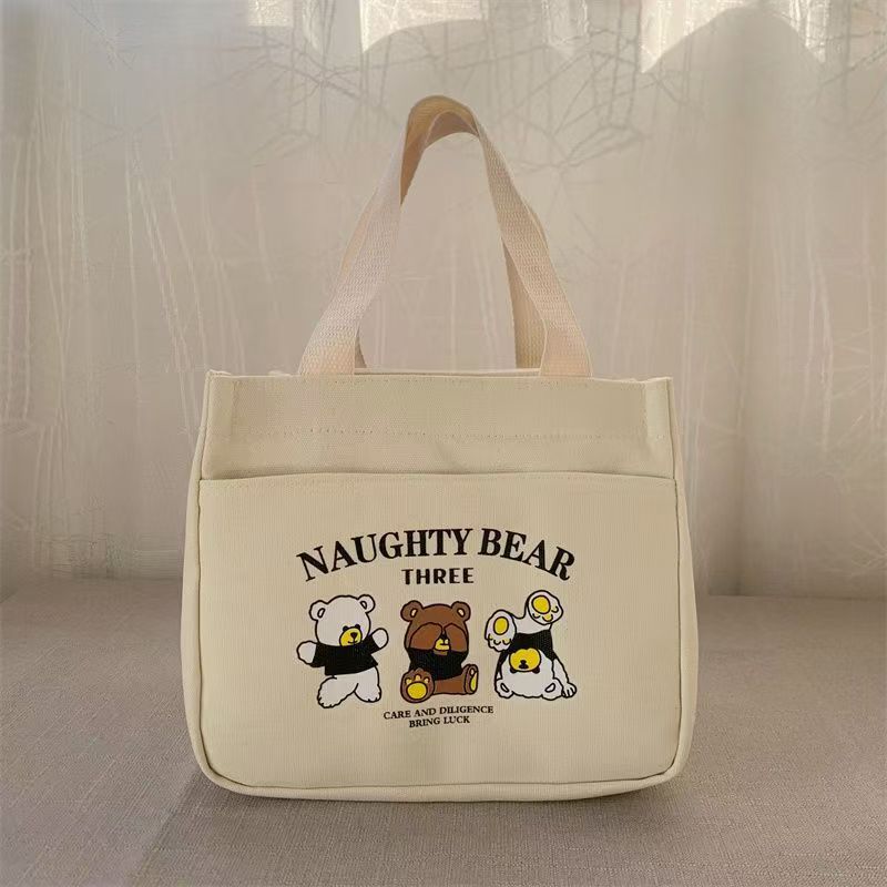 Naughty Bear Three Cute Cartoon Print Canvas Lunch Bag with Zipper Closure and Multiple Inner Pockets for Daily Use