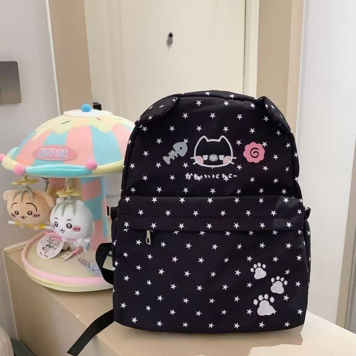 Cute Cat Ears Backpack with Star Print and Paw Design, Waterproof Oxford Fabric, Perfect for School and Daily Use