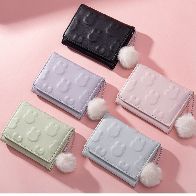 New Korean Style Cute Rabbit Wallet for Women, Waterproof PU Leather with Embossed Pattern and Fluffy Pom-Pom, Sweet and Fashionable Daily Accessory