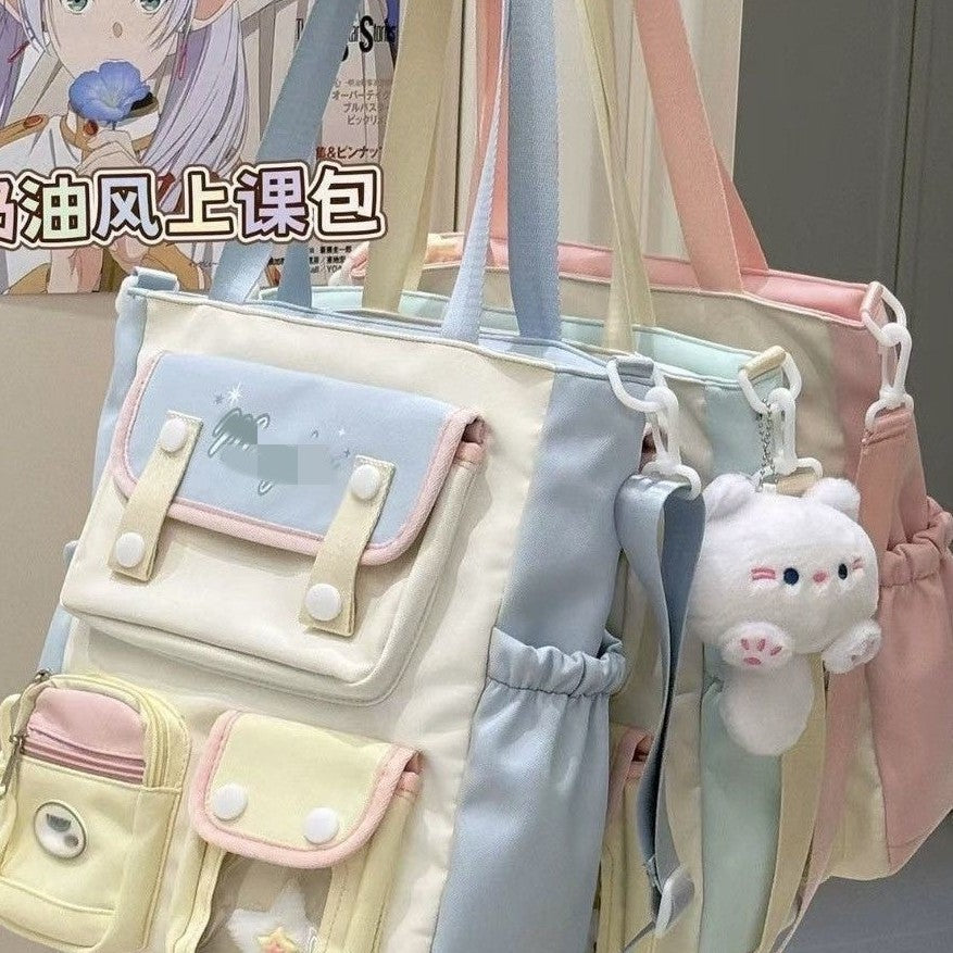 Cute Color-Blocking Student Tote Bag with Plush Keychain and Multiple Pockets for Daily Use