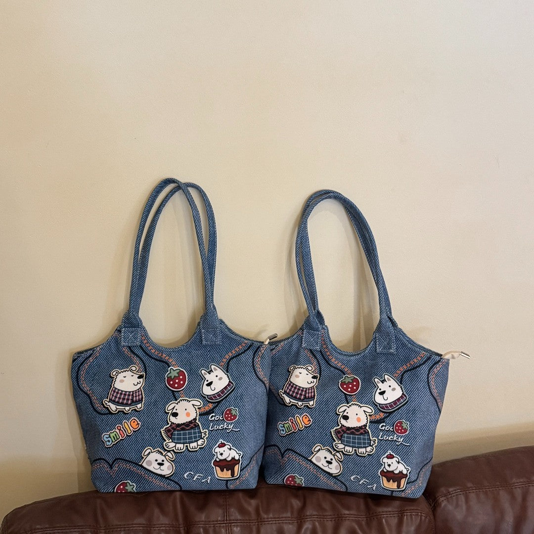 Cute Cartoon Dog Print Tote Bag with Magnetic Closure and Stylish Patches for Casual Travel