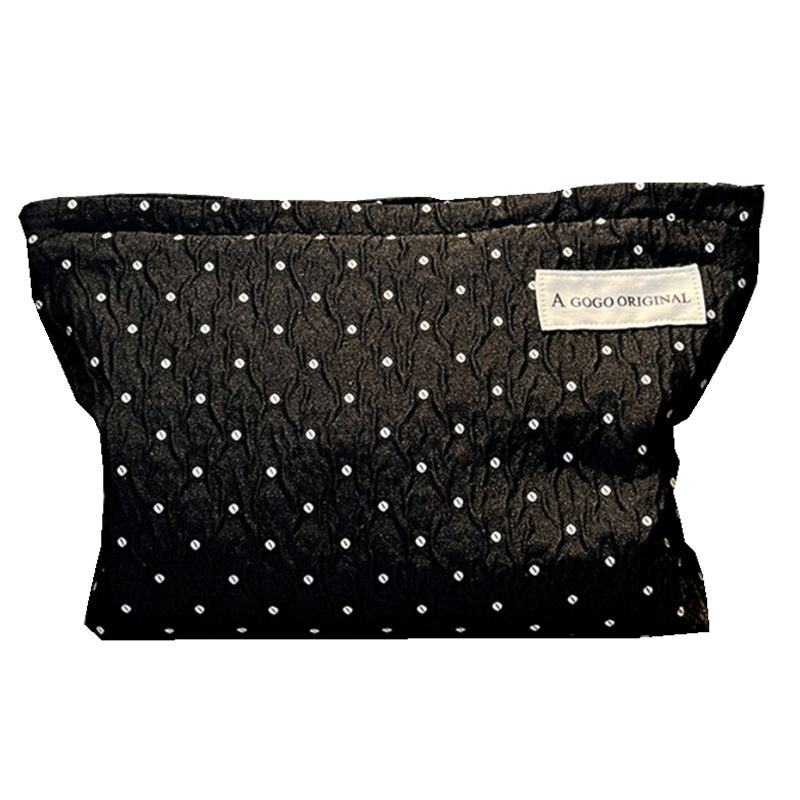 Elegant Polka Dot Clutch with Pearl Chain - Soft Cotton Makeup Bag for Travel and Daily Use