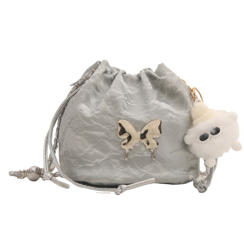 Fashionable Drawstring Bucket Bag with Chain Strap and Cute Pom-Pom Charm for Women