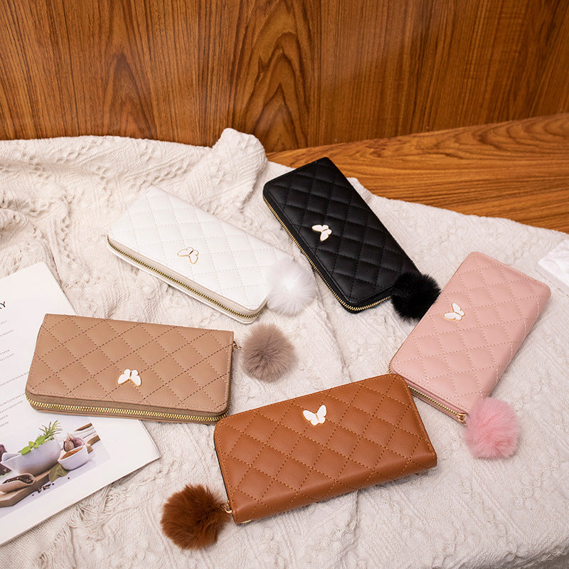 2023 Fashionable Quilted Wallet with Butterfly Charm and Pom-Pom, Multi-Card Slots for Everyday Use