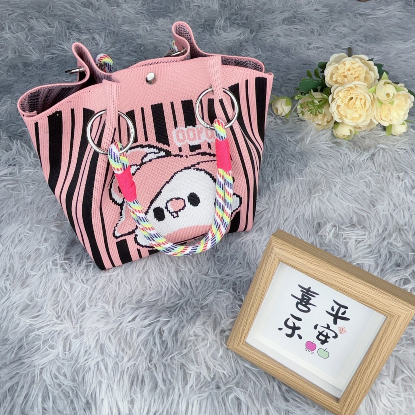 Women's Shoulder Bag New Hollow Canvas Handbag Color Rope Handle Large Capacity Daily Commuter Women's Bag