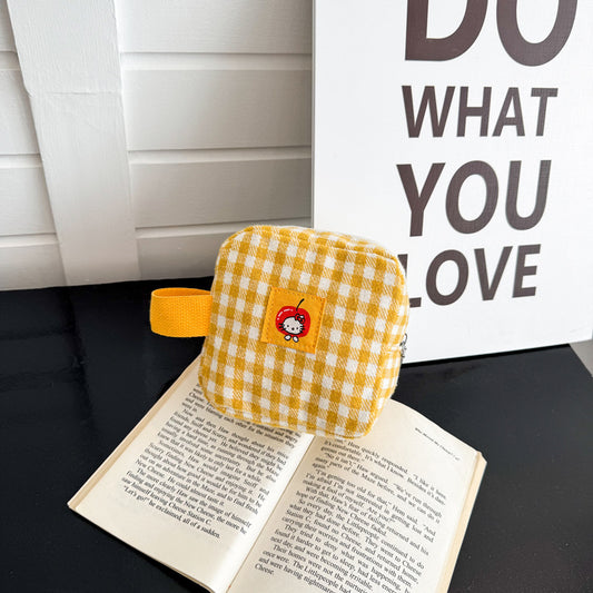 Cute Checkered Mini Cosmetic Bag with Cherry Hello Kitty Design, Perfect for Makeup and Daily Essentials