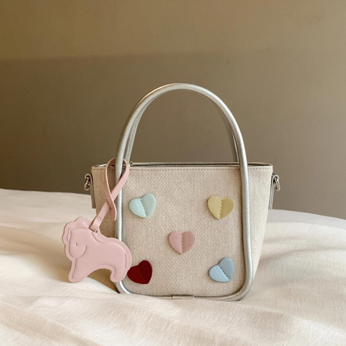 Cute Color-Blocked Canvas Tote Bag with Heart Appliques and Pony Charm for Women - Summer 2025 Trendy Daily Use Handbag