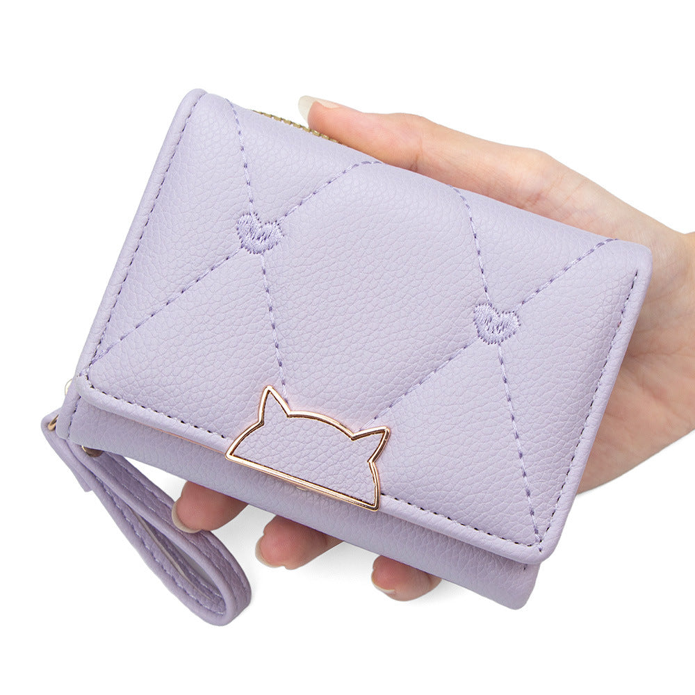 Chic Quilted PU Wallet with Embroidered Hearts and Cat Design, Compact Trifold Purse for Everyday Use