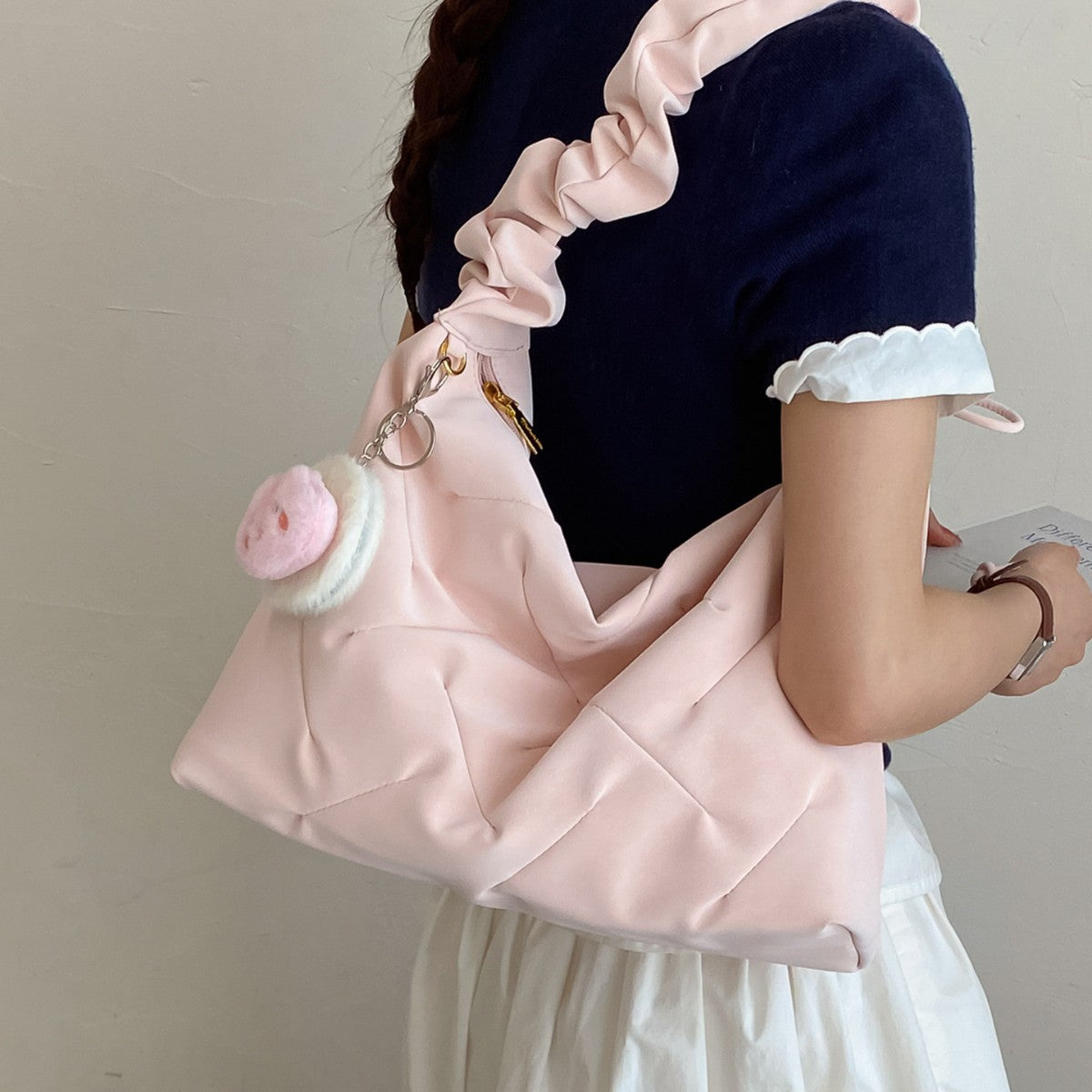 2026 New Korean Style Large Capacity Shoulder Bag with Cute Pom-Pom Charm, Soft Quilted Design for Daily Use