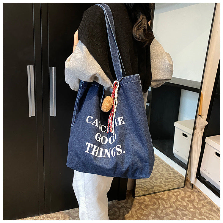 Korean Style Letter Ins Style Denim Bag Large Capacity Versatile Casual Shoulder Bag Trendy Personality Tote Bag