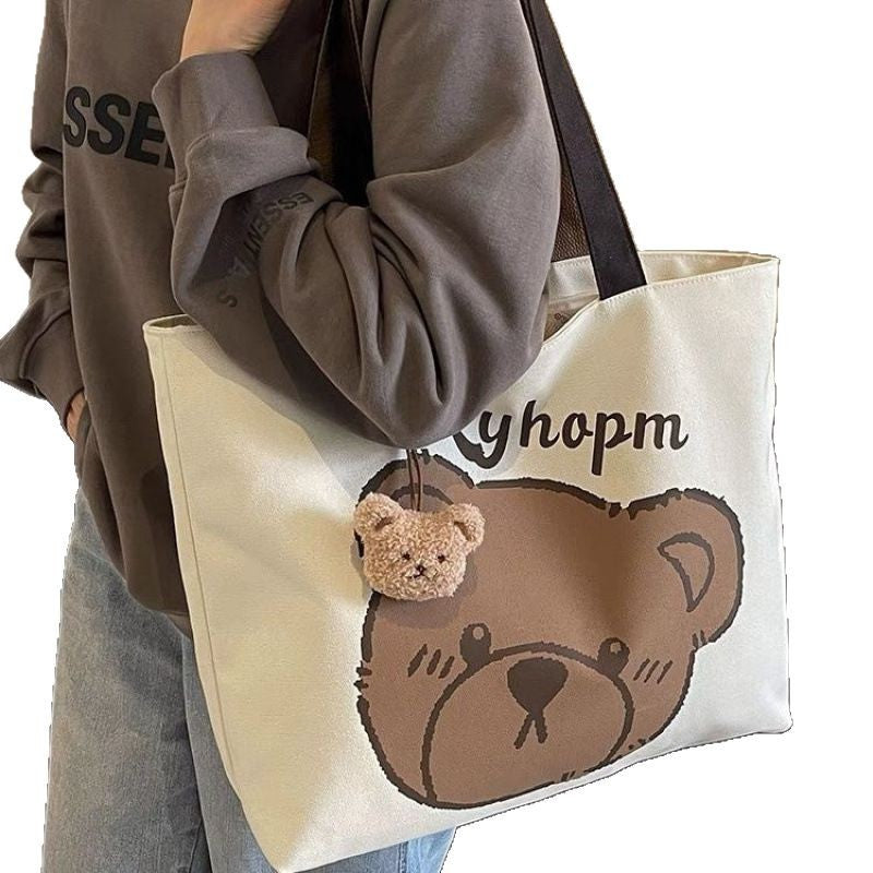 Cute Bear Print Tote Bag with Soft Canvas Material and Double Handles for Daily Use