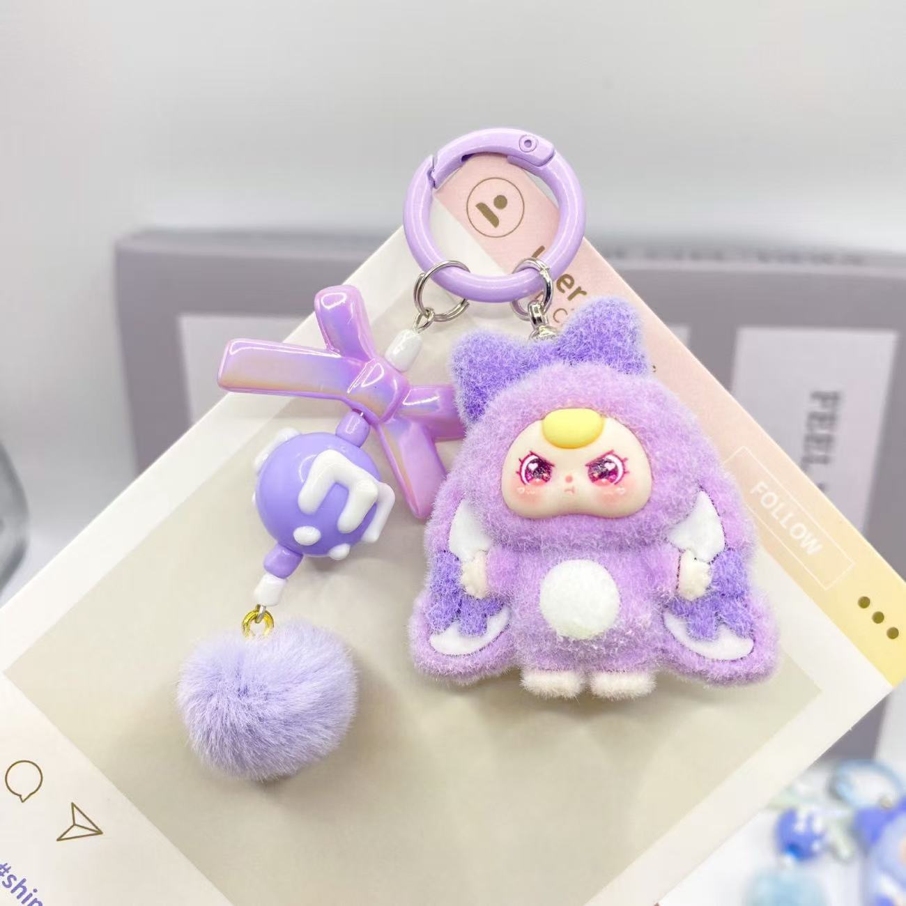Cute Cartoon Plush Keychain with Pom-Pom and Charm - Perfect Gift for Kids and Girls