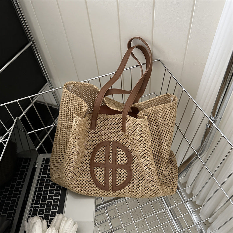 Woven Bag Women's New Partysu Contrast Color Straw Fashion Trendy One-Shoulder Handbag