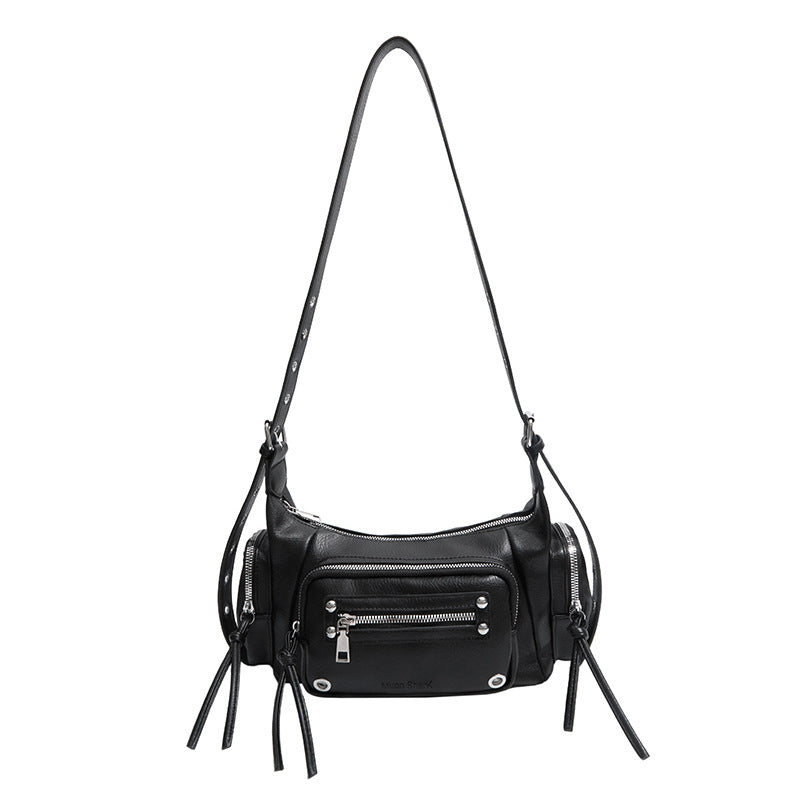 Korean Street Style Moto Bag with Rivets and Tassels, Multi-Pocket Shoulder Crossbody Bag for Daily Fashion