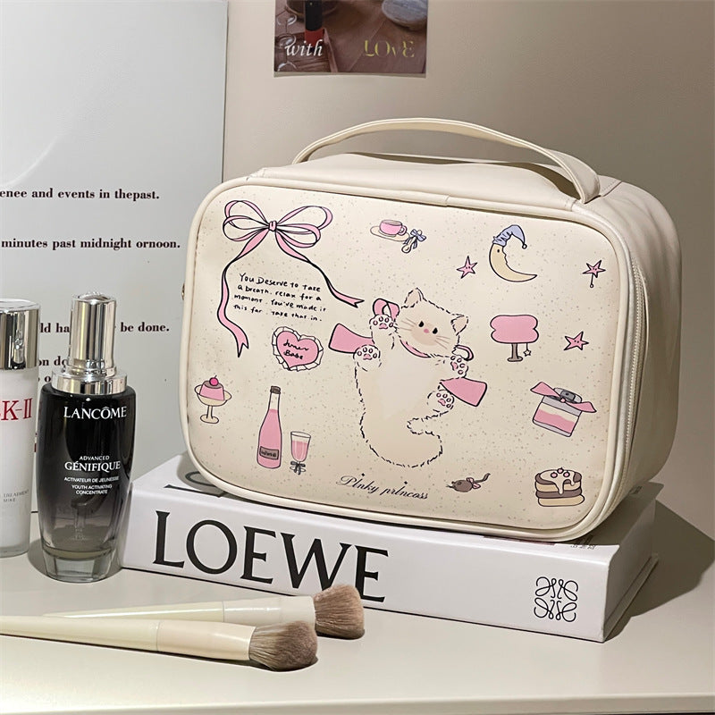 Cute Cat Design Cosmetic Bag for Women, Portable Large Capacity Waterproof Makeup Organizer with Handle, Perfect for Travel and Daily Use