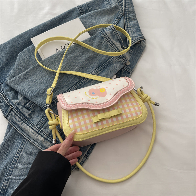 Cute Apple Small Square Bag Urban Simple Style Plaid Bow Design Fashionable All-Match Shoulder Messenger Bag
