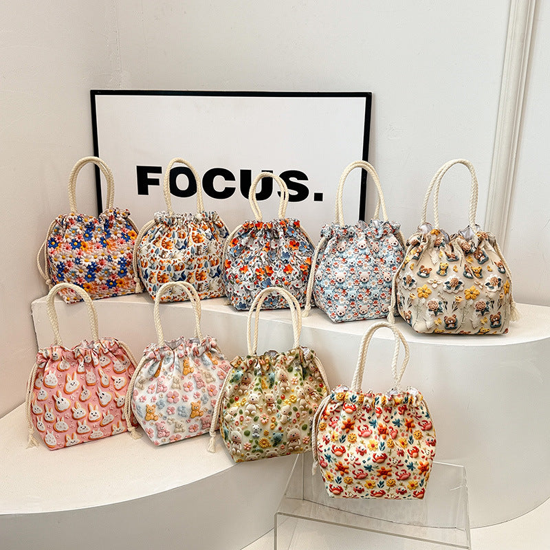 Makeup Bucket Mobile Phone Bag Female Sweet Fresh Pastoral Style Printed Tote Bag Lightweight Drawstring Bundle Bag