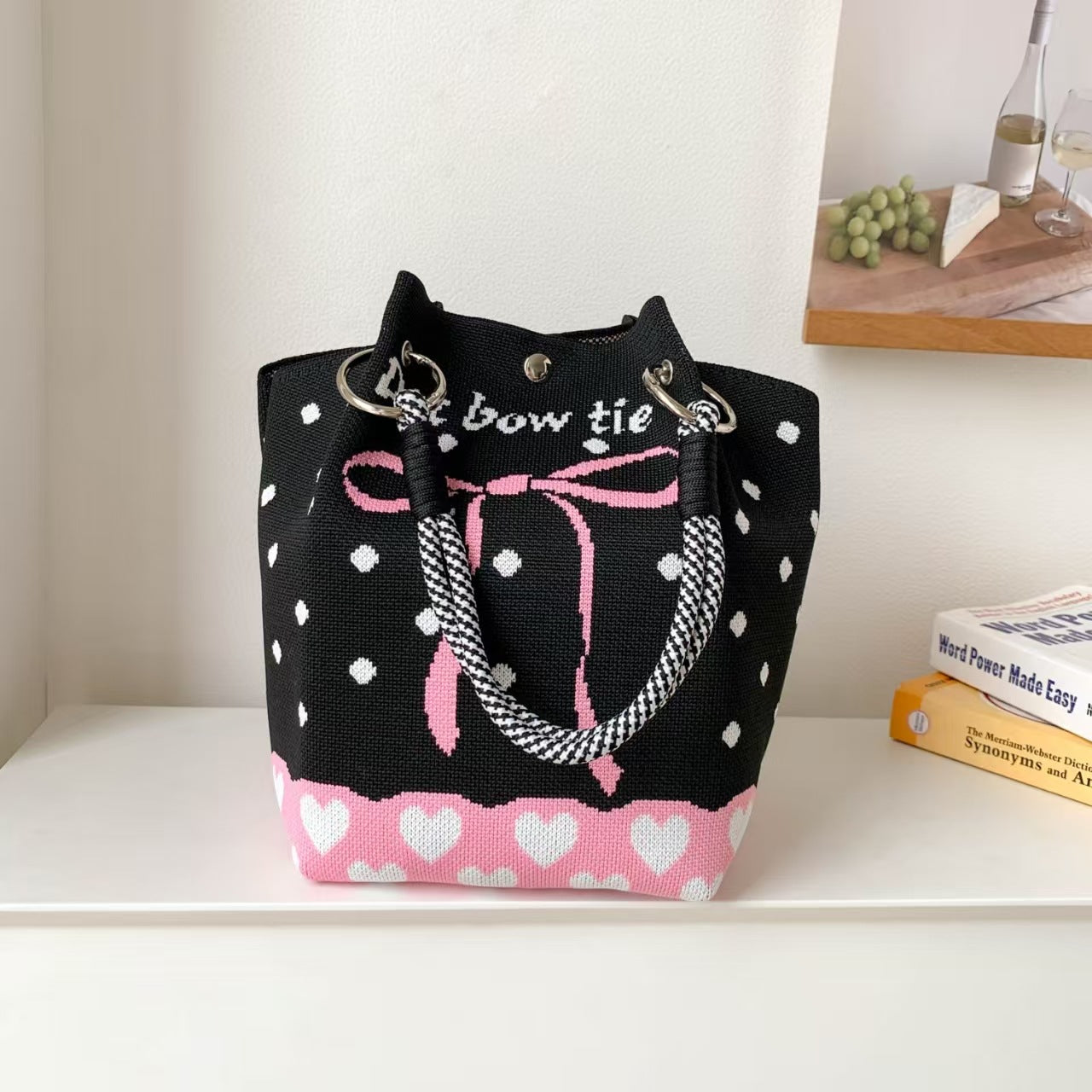 Black and White Rhombus Knitted Tote Bag Women's Casual Versatile Large Capacity Messenger Bag Handbag