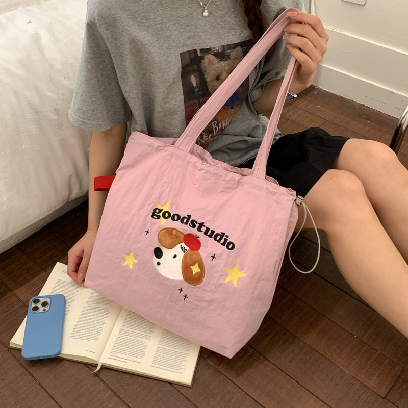 Cute Embroidered Puppy Tote Bag for Women, Large Capacity Shoulder Bag with Drawstring Closure, Perfect for Daily Commute and School