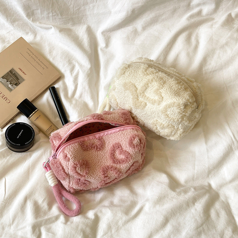 Cute Plush Heart Pattern Cosmetic Bag with Large Capacity and Soft Texture for Daily Use and Travel