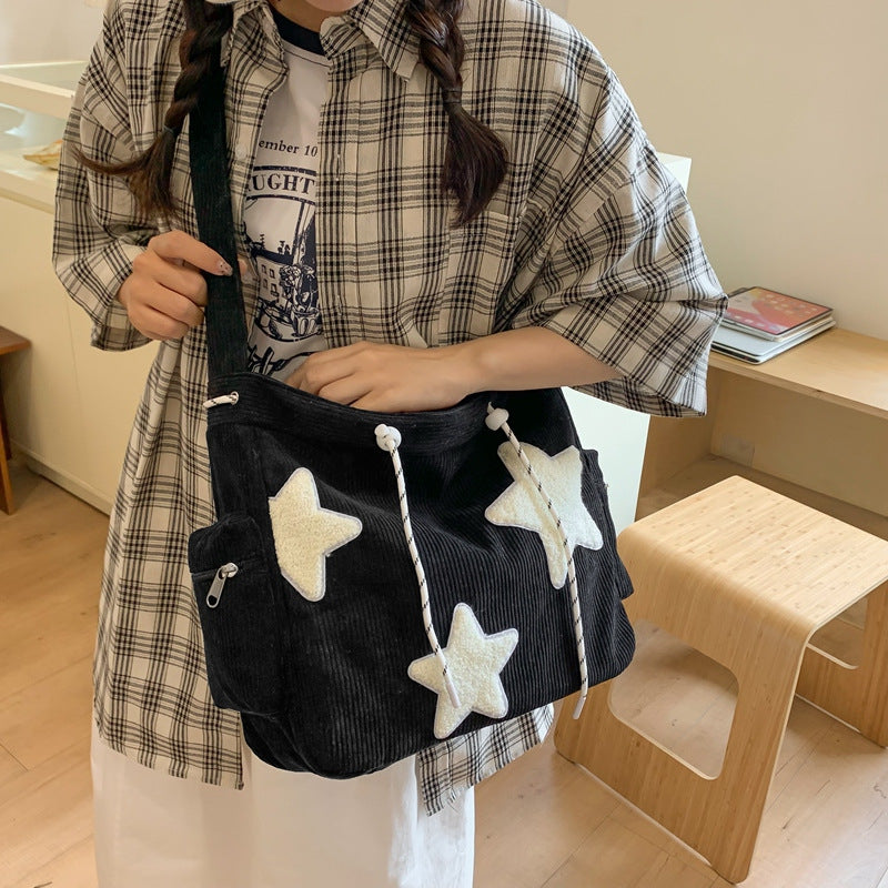Cute Star-Embellished Corduroy Tote Bag for Women, Casual Daily Shoulder Bag with Zipper Pocket and Soft Design
