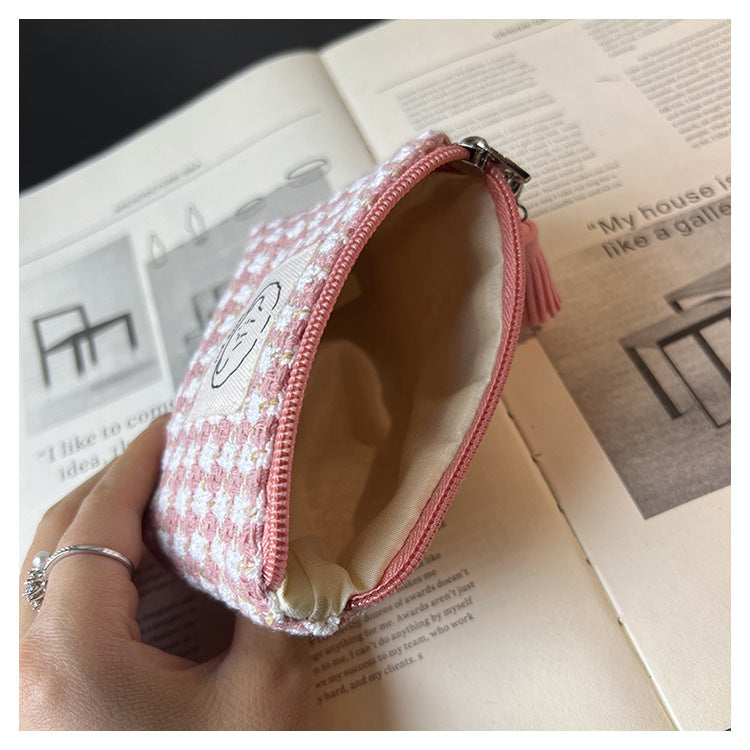 Japanese Style Simple Small Wallet Girls' Woven Plaid Fabric Bag Mini Zipper Coin Pocket