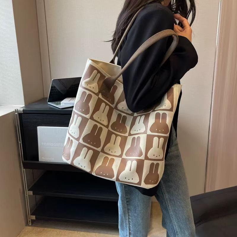 Large Capacity Rabbit Print Canvas Tote Bag for Women, Stylish Summer Shoulder Bag with Phone Pocket, Perfect for School and Commuting