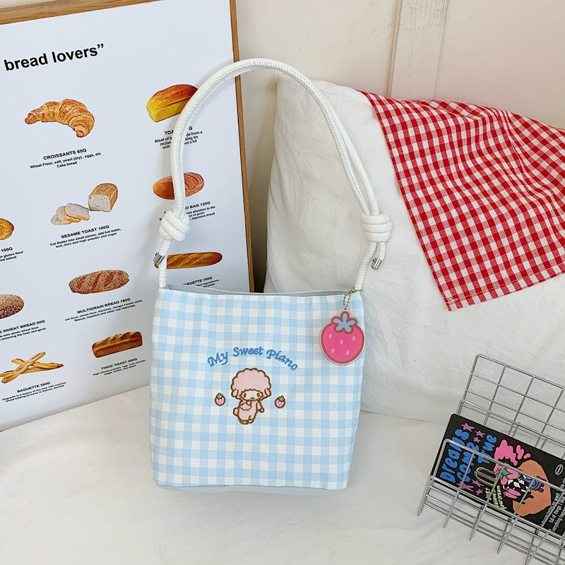 Cute Cartoon Checkered Crossbody Bag for Girls, Lightweight and Breathable Daily Style with Sweet Character Design