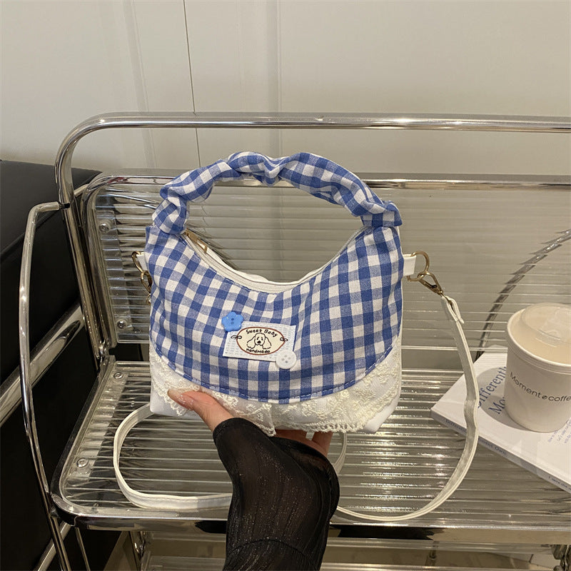 Korean Style Checkerboard Crossbody Bag 2025 Summer New Fashion Casual Simple Shoulder Bag with Lace Trim and Cherry Patch