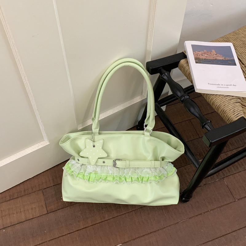 Elegant Ruffle Design Tote Bag with Belt Detail and Star Charm for Daily Use