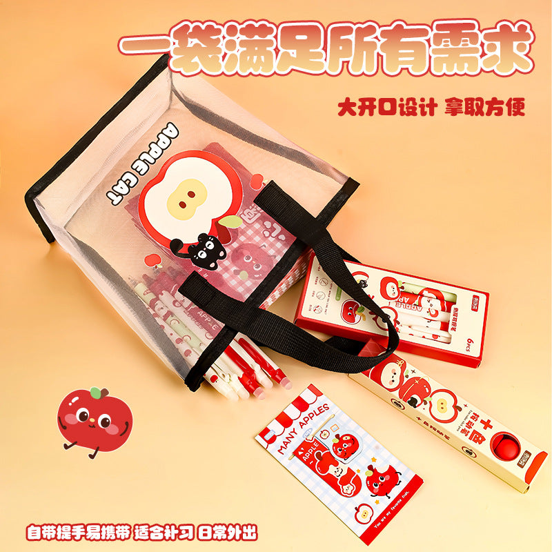Cute Apple Cat Mesh Tote Bag - Transparent Portable Storage Bag for Travel, Makeup, Stationery and Daily Use