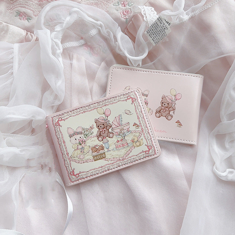 Women's Wallet Cute Cartoon Rabbit Bear Picnic Theme Card Holder Lace Design Expansion Storage