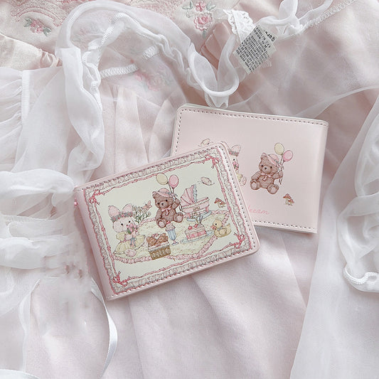Women's Wallet Cute Cartoon Rabbit Bear Picnic Theme Card Holder Lace Design Expansion Storage