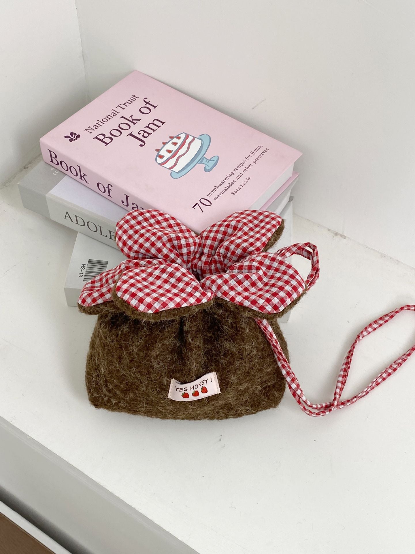 Cute Denim Flower Drawstring Crossbody Bag with Gingham Bloom, Korean Style Casual Phone Pouch for Daily Outings